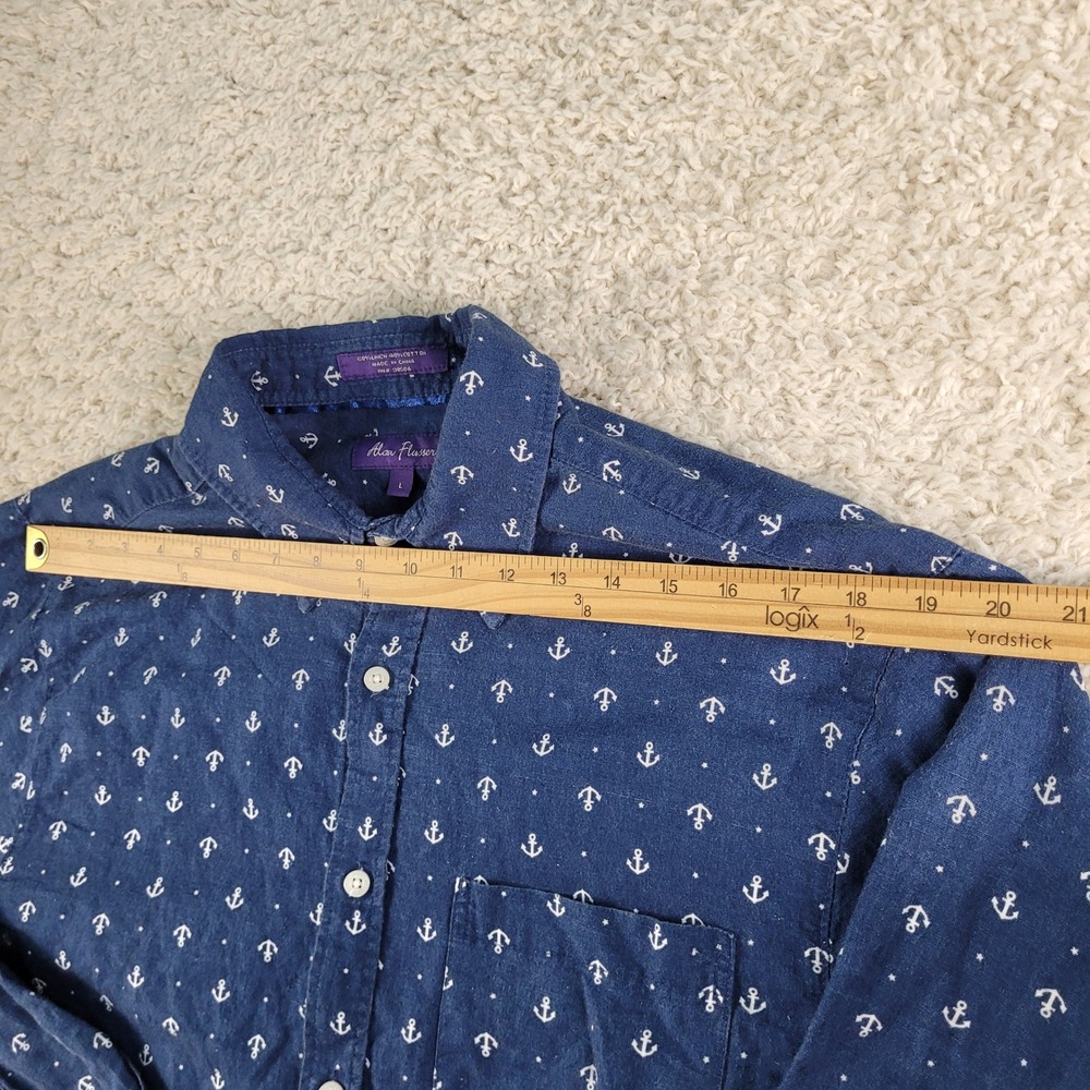 Alan Flusser Shirt Men's Large Blue Linen Blend Anchor Nautical Print Button L/S - Picture 5 of 10